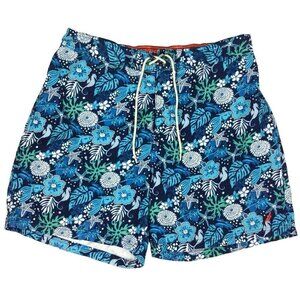 Nautica Mens Swim Trunks 2XL Blue Floral Sea Life Elastic Waist Mesh Lining